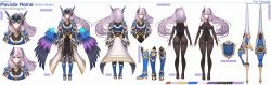 1girl absurdres armor artist_name blue_wings boobplate braid braided_bangs breastplate breasts bright_pupils bustier character_name reference_sheet color_guide concept_art dot_nose dragoon elbow_gloves english_text faulds feather_hair_ornament feathered_wings feathers fingerless_gloves forehead_protector from_behind gloves gold_trim gorget gradient_wings greaves green_eyes hair_ornament hair_over_shoulder high_ponytail highres hololive hololive_indonesia kuronekozero lance large_breasts leotard leotard_under_clothes long_hair multicolored_wings multiple_views pantyhose pavolia_reine polearm ponytail purple_wings see-through_clothes see-through_gloves see-through_legwear see-through_leotard shield shoulder_armor shoulder_pads sidelocks silver_hair straight-on striped_background turnaround twitter_username valkyrie variations virtual_youtuber weapon white_background white_pupils wings