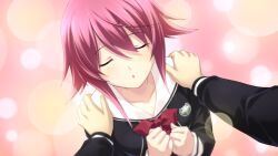 :o ahoge black_dress blurry blurry_background bokeh bow breasts chaos;child chest_bow closed_eyes collarbone cropped_jacket depth_of_field dress fingernails game_cg hair_between_eyes hekiho_academy hekiho_academy_uniform highres imminent_kiss long_sleeves medium_breasts miyashiro_takuru non-web_source official_art onoe_serika open_mouth own_hands_together pink_background pink_hair pov red_bow sailor_collar sailor_shirt sasaki_mutsumi school_emblem shirt short_hair_with_long_locks shoulder_grab white_sailor_collar white_sleeve_cuffs