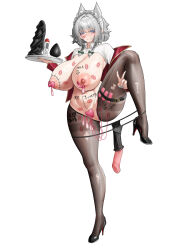 1girl absurdres alternate_breast_size_(larger) anus belt black_belt black_panties black_shoes blue_eyes blue_nails bow breasts brown_pantyhose butt_plug cleavage condom condom_on_nipples crotchless crotchless_pantyhose dildo full_body green_bow grey_hair heart_maebari high_heels highres holding holding_tray horse_dildo huge_breasts huge_dildo izayoi_sakuya lipstick_mark lotion_bottle lube maebari maid_headdress nail_polish nipples panties panty_pull pantyhose puffy_nipples remote_control_vibrator sex_toy shoes short_hair simple_background solo standing standing_on_one_leg tally thigh_belt thigh_strap thighband_pantyhose touhou tray underwear unworn_butt_plug used_condom user_ckkx8884 v vibrator white_background