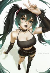 1girl bare_shoulders black_hair black_lips black_shirt bootybear breasts cleavage collar collarbone from_above goth_fashion grey_eyes grey_hair hatsune_miku highres large_breasts long_sleeves multicolored_hair navel_piercing piercing shirt shoes single_thighhigh solo spiked_collar spikes striped_clothes striped_thighhighs teeth thighhighs two-tone_hair vocaloid