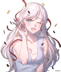 1girl ;d armpit_crease blue_eyes blush breasts cleavage collarbone confetti dress hair_down hair_ornament hand_up holding holding_hair_ornament kio_rojine long_hair looking_at_viewer medium_breasts one_eye_closed open_mouth rwby scar scar_across_eye scar_on_face simple_background sleeveless smile solo very_long_hair weiss_schnee white_background white_hair