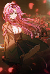 Rule 34 | 1girl, absurdres, bow, clothes lift, coat, curtained hair, dress, dress lift, eiyuu densetsu, falling petals, floating hair, hair bow, highres, kuro no kiseki, kuro no kiseki (series), kuro no kiseki ii, long hair, madou zakura, open clothes, open coat, parted bangs, petals, purple hair, renne (eiyuu densetsu), sidelocks, solo, yellow eyes
