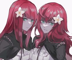 2girls closed_mouth commentary_request devola diagonal_bangs eyelashes flower green_eyes miichinori multiple_girls nier nier_(series) popola red_hair siblings simple_background sisters smile teeth twins white_background white_flower