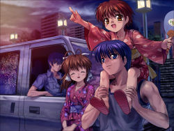 Rule 34 | 00s, 2boys, 2girls, aerial fireworks, clannad, hand fan, fireworks, furukawa nagisa, japanese clothes, key (company), kimono, multiple boys, multiple girls, mutsuki (moonknives), obi, okazaki tomoya, okazaki ushio, paper fan, sash, summer, uchiwa, yoshino yuusuke, yukata