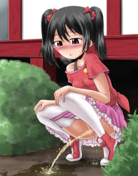 10s 1girl black_hair blush eyebrows female_focus hair_ornament hair_ribbon heavy_breathing highres homare_(suzu_no_oka) love_live! love_live!_school_idol_project open_mouth outdoors panties panty_pull peeing pink_panties pussy red_eyes ribbon shirt_slip shoes skirt solo squatting strap striped_clothes striped_panties sweat thighhighs third-party_edit twintails uncensored underwear white_thighhighs yazawa_nico