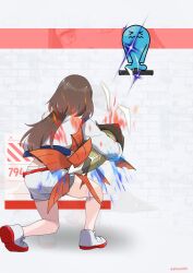 1girl 2others :&lt; absurdres artist_name ass barraskewda blank_eyes breasts brown_hair character_name exercising expressionless fake_screenshot fish gameplay_mechanics gen_2_pokemon gen_8_pokemon glassy0302 goddess_of_victory:_nikke grey_eyes hair_intakes highres holding holding_polearm holding_weapon kuraishi_rinngo large_breasts multiple_others nintendo original parody pokemon pokemon_(creature) polearm potion_(pokemon) shirt simple_background squatting standing training twitter_username weapon white_background white_eyes white_shirt wobbuffet