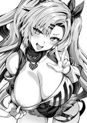 1girl areola_slip breasts cleavage close-up clothes_pull commentary cowboy_shot crop_top greyscale hair_ornament hairclip heart heart_necklace huge_breasts jewelry kojima_saya long_hair micro_shorts mole mole_on_breast mole_on_thigh mole_under_eye monochrome necklace nicole_demara open_mouth shirt_pull shorts solo speech_bubble thigh_strap thighs tongue twintails w zenless_zone_zero