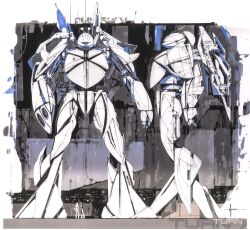 1990s_(style) reference_sheet from_side gundam hangar helmet loran_cehack marker_(medium) mecha mecha_focus multiple_views official_art pilot pilot_suit production_art retro_artstyle robot scan science_fiction size_difference sketch spacesuit syd_mead traditional_media turn_a_gundam turn_x