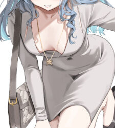 Rule 34 | 1girl, adjusting footwear, alternate costume, bag, bent over, blue hair, blue nails, breasts, cleavage, collarbone, covered navel, cowboy shot, cropped, dongtan dress, downblouse, eyes out of frame, foot out of frame, glasses, hand on own knee, handbag, head out of frame, high heels, highres, hololive, hoshimachi suisei, jewelry, leaning forward, leg up, long hair, looking at viewer, meme attire, necklace, removing shoes, scarlet (wv0102), simple background, small breasts, smile, solo, star (symbol), star in eye, star necklace, symbol in eye, tight clothes, virtual youtuber, wavy hair, white background