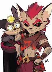 1boy 1other afk_(series) afk_arena animal_ears artist_name black_sclera buck_teeth cannon character_request colored_sclera commentary crop_top fangs furry furry_male hand_on_own_hip highres kren_(afk) looking_at_viewer male_focus mouse_boy mouse_ears navel okn_369 red_eyes smile teeth