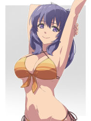 Rule 34 | 1girl, armpit crease, armpits, bikini, border, breasts, chiharu (9654784), cleavage, dress, eiyuu densetsu, front-tie bikini top, front-tie top, gradient background, grey background, hair between eyes, highres, kai no kiseki, kuro no kiseki (series), large breasts, long hair, looking at viewer, navel, purple eyes, purple hair, rixia mao, sidelocks, simple background, smile, solo, stretching, swimsuit, two-tone background, upper body, white border