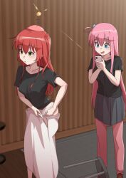 2girls black_shirt blue_eyes blurry blurry_background bocchi_the_rock! cellphone cube_hair_ornament empty_eyes gotoh_hitori green_eyes hair_between_eyes hair_ornament headgear holding holding_phone indoors kita_ikuyo long_hair mind_control multiple_girls open_mouth pants pants_under_skirt phone pigkaboo pink_hair pink_pants pleated_skirt red_hair shirt short_sleeves side_ahoge skirt smartphone smile standing stool undressing white_skirt