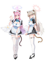 2girls absurdres alternate_costume alternate_hairstyle animal_ears apron black_dress black_shoes blue_archive blue_bow blue_bowtie blush bow bowtie breasts brown_eyes brown_hair cat_ears cat_tail cleavage closed_mouth commentary_request covered_erect_nipples dress enmaided feathered_wings fingernails flower frilled_apron frilled_hairband frills full_body grin hair_between_eyes hair_flower hair_ornament hairband halo hand_up high_heels high_ponytail highres kemonomimi_mode large_breasts long_hair looking_at_viewer looking_to_the_side low_wings maid maid_headdress mika_(blue_archive) multiple_girls nagisa_(blue_archive) pink_hair pink_halo ponytail shoes simple_background small_sweatdrop smile standing tai_saka tail thighhighs very_long_hair white_apron white_background white_flower white_hairband white_thighhighs white_wrist_cuffs wings wrist_cuffs yellow_eyes zettai_ryouiki