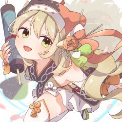 1girl absurdres blonde_hair celine_(fire_emblem) celine_(ninja)_(fire_emblem) detached_sleeves fire_emblem fire_emblem_engage fire_emblem_heroes green_eyes hair_between_eyes highres holding holding_scroll long_hair looking_at_viewer nintendo official_alternate_costume open_mouth scroll skirt solo sorane_amus thighhighs twitter_username white_skirt white_thighhighs