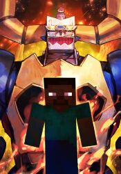 1boy armor blue_armor blue_pants blue_shirt brown_hair crossover daikuu_maryuu_gaiking dark-skinned_male dark_skin embers esports fiery_aura fire full_body gaiking gaiking_(dmg) glint gold_armor gold_horns horns hungry_clicker large_horns looking_at_viewer male_focus mecha mecha_focus minecraft multicolored_armor pants robot shirt short_hair short_sleeves standing steve_(minecraft) super_robot yellow_eyes yellow_horns