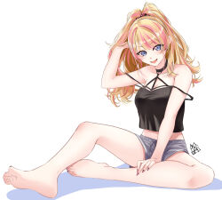 1girl akira_miku_ver arm_up armpit_crease bare_legs bare_shoulders barefoot black_shirt blonde_hair blue_eyes breasts cleavage collarbone crop_top eyelashes feet grey_shorts hair_ornament hair_scrunchie highres kotoka_torahime legs long_hair looking_at_viewer lying medium_breasts midriff multicolored_hair nail_polish nijisanji nijisanji_en on_back open_mouth pink_hair purple_nails scrunchie shirt short_shorts shorts signature simple_background sitting smile soles solo strap_slip streaked_hair toenail_polish toenails toes virtual_youtuber white_background