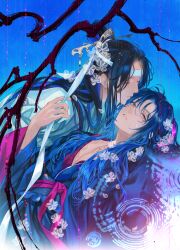 2boys absurdres ahoge black_hair black_hanfu blue_background blue_theme branch chest_tattoo chinese_clothes closed_eyes eyelashes flower hair_down hair_flower hair_ornament hair_ribbon hair_stick half_updo hand_up hanfu headband highres holding holding_ribbon hori_airi lan_wangji long_hair long_sleeves looking_at_viewer lying male_focus modao_zushi multiple_boys official_alternate_hairstyle on_back parted_bangs parted_lips pectoral_cleavage pectorals petals profile rain red_eyes red_ribbon red_sash ribbon ripples robe sash tattoo topknot upper_body water water_drop wei_wuxian wei_wuxian_(yiling_laozu) wet white_flower white_hanfu white_headband white_ribbon wide_sleeves xiao_guan_(headdress) yaoi