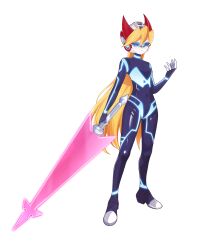 Rule 34 | 1girl, absurdres, aizeis, alternate costume, alternate hairstyle, biometal, blonde hair, blue eyes, bodystocking, breasts, ciel (mega man), commission, commissioner upload, covered navel, energy sword, forehead jewel, full body, gloves, glowing lines, glowing markings, hair down, helmet, highres, holding, holding sword, holding weapon, long bangs, long hair, mega man (series), mega man zero (series), mega man zx, model o (mega man), no armor, no shoes, non-web source, petite, small breasts, sword, transparent background, weapon