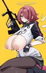 1girl alternate_breast_size arknights breast_milk brown_pantyhose exusiai_(arknights) gun ikamochi_kalong nipples pantyhose red_hair simple_background sitting solo weapon yellow_background