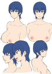 1girl :o aiue_oka blue_hair blush breasts closed_mouth concept_art from_side frown green_eyes highres large_breasts multiple_views nipples open_mouth saimin_seishidou saimin_seishidou_-secret_lesson- short_hair smile solo takanashi_shizuku