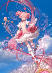 1girl ahoge bow bow_(weapon) bubble_skirt building cloud commentary_request day flower footwear_bow frilled_skirt frilled_socks frills full_body gloves hair_bow highres holding holding_bow_(weapon) holding_weapon kaname_madoka kaname_madoka_(magical_girl) kneehighs looking_at_viewer magical_girl mahou_shoujo_madoka_magica mahou_shoujo_madoka_magica_(anime) outdoors pink_bow pink_eyes pink_flower pink_hair pink_shoes puffy_short_sleeves puffy_sleeves shoes short_hair short_sleeves short_twintails shuno_(xiaonuo) skirt sky socks solo soul_gem standing standing_on_one_leg twintails weapon white_gloves white_socks