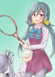 anti_(untea9) back dress food green_background grey_pantyhose hair_between_eyes halterneck highres kantai_collection kasumi_(kancolle) kasumi_kai_ni_(kancolle) kiyoshimo_(kancolle) pantyhose pinafore_dress racket sleeveless_dress tennis_racket tofu