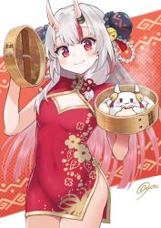 1girl @-you_(you_2023_8_16) alternate_costume alternate_hairstyle bamboo_steamer steamed_bun bell blunt_ends blush braid braided_hair_rings breasts bun_cover center-flap_bangs china_dress chinese_clothes cleavage cleavage_cutout closed_mouth clothing_cutout collared_dress commentary_request covered_groin covered_navel double_bun dress fang floral_print_dress food gold_trim gradient_hair hair_bell hair_bun hair_ornament hair_ribbon hair_rings highres holding_bamboo_steamer hololive horns jingle_bell long_hair looking_at_viewer multicolored_hair nakiri_ayame oni poyoyo_(nakiri_ayame) print_dress red_dress red_eyes red_hair ribbon short_dress short_sleeves side_slit sidelocks skin-covered_horns small_breasts smile solo standing steam streaked_hair tassel tassel_hair_ornament tress_ribbon two_side_up virtual_youtuber white_hair