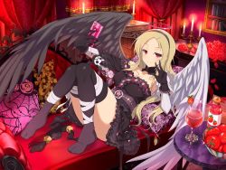 1girl angel_wings black_thighhighs black_wings blonde_hair breasts candle cellphone cleavage couch cup feet female_focus flower gloves hair_ornament hairclip halo highres japanese_clothes juice kimono knees knees_together_feet_apart legs legs_together long_hair looking_at_viewer lying miniskirt mole mole_under_mouth official_art petals phone pillow red_eyes rose rose_petals selfie_pose senran_kagura shiki_(senran_kagura) skirt smartphone smile solo thick_thighs thighhighs thighs tomato tomato_juice white_wings wings yaegashi_nan yukata