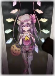 1girl 1other arm_ribbon ascot averting_eyes black_pantyhose blush bow choker closed_mouth cosplay crystal_wings doorway fallenshadow flandre_scarlet flandre_scarlet_(cosplay) from_inside halloween halloween_bucket halloween_costume hat hat_ribbon highres index_fingers_together indie_virtual_youtuber leg_ribbon loli medium_hair mob_cap multicolored_wings no_pants one_side_up panties panties_under_pantyhose pantyhose pettan_(zeez4743) pink_bow pink_choker pink_eyes pink_panties pink_ribbon pink_shirt puffy_short_sleeves puffy_sleeves purple_hair ribbon ribbon-trimmed_headwear ribbon_trim shirt short_sleeves single_thighhigh solo_focus standing striped_clothes striped_panties thigh_gap thighhighs touhou trick_or_treat underwear virtual_youtuber white_hat white_thighhighs wings yellow_ascot