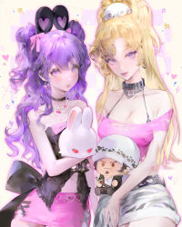 2girls bare_shoulders blonde_hair bow breasts character_doll choker cleavage collarbone commentary_request cowboy_shot earrings hair_bow hair_ornament heart highres holding holding_stuffed_toy i.chi jewelry long_hair looking_at_viewer medium_breasts miniskirt multiple_girls navel necklace off-shoulder_shirt off_shoulder original pink_bow pink_shirt pink_skirt purple_eyes purple_hair sensitive shirt skirt smile sparkle stuffed_animal stuffed_toy tongue tongue_out two_side_up white_skirt