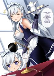 +++ 2girls apron azur_lane belfast_(azur_lane) blue_dress blush braid breasts closed_eyes comic cup desk desk_lamp dress english_text engrish_text french_braid gauntlets gloves highres holding holding_tray indoors lamp layered_dress little_bel_(azur_lane) long_hair looking_at_viewer maid maid_apron maid_headdress medium_breasts multiple_girls open_mouth purple_eyes ranguage sheita silver_hair skirt skirt_hold smile swept_bangs teacup teapot tray white_gloves window