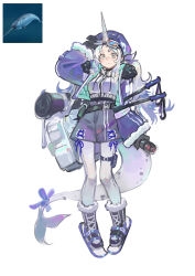 1girl absurdres backpack bag binoculars black_gloves blue_hat blue_jacket boots cetacean_tail fins fish_tail fur-trimmed_boots fur-trimmed_jacket fur_trim gloves goggles goggles_on_head hands_up hat highres hiking_pole holding holding_binoculars horns jacket long_hair long_sleeves narwhal_girl open_clothes open_jacket original pantyhose personification pouch reference_inset ribbon shorts single_horn snowshoes standing tachi-e tail tail_ornament tail_ribbon thigh_pouch toga_(toganawa) white_hair white_pantyhose