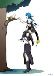 1boy 1girl bird black_hair blue_hair carrying dizzy_(guilty_gear) guilty_gear long_hair moontears mutsu_(090811) nest pale_skin piggyback smile testament_(guilty_gear) tree white_background