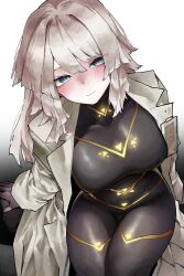 1girl absurdres alternate_costume black_background black_bodysuit blue_eyes bodysuit breasts cesara_(project_moon) closed_mouth coat cropped_legs faust_(project_moon) gradient_background hair_between_eyes highres id_card lab_coat lapels large_breasts limbus_company long_hair looking_at_viewer notched_lapels open_clothes open_coat p_corp_uniform project_moon sitting solo vivo_(vivo_sun_0222) white_background white_coat white_hair