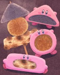blue_eyes blush blush_stickers brown_background chikuwa commentary_request daikon food food_in_mouth highres kirby kirby_(series) konnyaku_(food) looking_at_viewer miclot mouthful_mode nintendo no_humans oden open_mouth pink_shoes radish shoes skewer