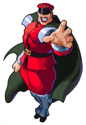 Rule 34 | 1990s (style), 1boy, absurdres, arm at side, bengus, cape, evil grin, evil smile, game cg, grin, hat, highres, legs together, looking at viewer, m. bison, male focus, marvel super heroes vs. street fighter, marvel vs. capcom, muscular, no pupils, non-web source, official art, peaked cap, reaching, reaching towards viewer, retro artstyle, shoulder pads, simple background, smile, solo, street fighter, white background