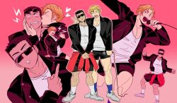 Rule 34 | 2boys, absol (dkqthf), ao isami, apt. (rose &amp; bruno mars), bara, black hair, black shorts, blonde hair, blue eyes, blue socks, blush, commentary request, dancing, jacket, leather, leather jacket, lewis smith, male focus, multiple boys, music, shirt, shoes, shorts, singing, sneakers, socks, white shirt, yaoi, yuuki bakuhatsu bang bravern