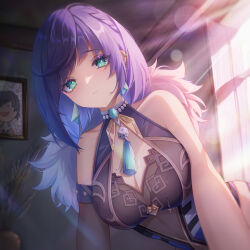 1girl absurdres asymmetrical_gloves bare_shoulders bead_choker beads blue_dress blue_hair bob_cut breasts chinese_commentary cleavage closed_mouth diagonal_bangs dice dress earrings elbow_gloves from_below fur-trimmed_jacket fur_trim genshin_impact gloves green_eyes highres indoors jacket jacket_on_shoulders jewelry large_breasts lens_flare looking_at_viewer mole mole_on_breast pov shibajun short_hair single_elbow_glove solo suggestive_fluid sunlight tassel_choker upper_body yelan_(genshin_impact)