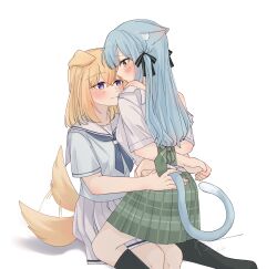 2girls absurdres animal_ears bang_dream! bang_dream!_it&#039;s_mygo!!!!! black_socks blonde_hair blue_hair blue_neckerchief blue_shirt blush bound bound_wrists cat_ears cat_girl cat_tail closed_mouth commentary_request dog_ears dog_girl dog_tail green_skirt hanasakigawa_school_uniform haneoka_school_uniform highres kaeru_(kaeee41917105) kemonomimi_mode kneehighs long_hair looking_at_another medium_hair misumi_uika multiple_girls neckerchief off_shoulder plaid_clothes plaid_skirt pleated_skirt purple_eyes sailor_collar school_uniform shirt short_sleeves simple_background sitting sitting_on_lap sitting_on_person skirt socks tail tail_wagging togawa_sakiko white_background white_sailor_collar white_shirt white_skirt yellow_eyes yuri