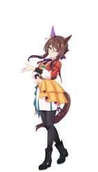Rule 34 | 1girl, animal ears, belt, black boots, black thighhighs, boots, bow, brown hair, closed mouth, collared shirt, cropped jacket, dress, ear covers, ear ornament, frills, full body, game cg, game model, glasses, green-framed eyewear, hair between eyes, hair bun, hair ribbon, highres, horse ears, horse girl, horse tail, jacket, long sleeves, neck ribbon, official art, orange dress, puffy sleeves, purple bow, red jacket, ribbon, royce and royce (umamusume), semi-rimless eyewear, shirt, sidelocks, single ear cover, single hair bun, skirt, standing, swept bangs, tachi-e, tail, thighhighs, transparent background, umamusume, white background, white skirt