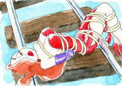 Rule 34 | 1girl, arms behind back, blue background, breasts, cleavage, disney, dress, gloves, green eyes, hair over one eye, high heels, highres, jessica rabbit, large breasts, long hair, looking at viewer, lying, oira wa arumajiro, purple gloves, railroad tracks, red dress, red footwear, red hair, red lips, rope, shoes, side slit, strapless, strapless dress, tied up (nonsexual), who framed roger rabbit