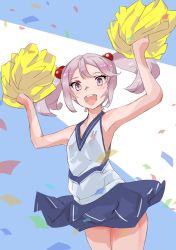 Rule 34 | 1girl, :d, alternate costume, blue skirt, cheerleader, confetti, cowboy shot, female focus, hair bobbles, hair ornament, kantai collection, looking at viewer, open mouth, pink eyes, pink hair, pleated skirt, pom pom (cheerleading), sazanami (kancolle), short hair, skirt, sleeveless, smile, solo, twintails, yamaioni (sasakama)