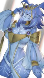 1girl blue_eyes blue_hair blue_leotard blue_skin breasts cleavage colored_skin commentary_request cowboy_shot dominus_impulse dougaku_(passionpit777) duel_monster highres large_breasts leotard medium_hair solo yu-gi-oh!