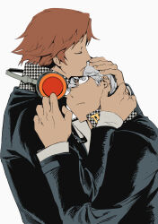 Rule 34 | 2boys, absurdres, babakun, black jacket, brown hair, closed eyes, closed mouth, flat color, grey hair, hanamura yousuke, hands on another&#039;s head, headphones, headphones around neck, highres, hug, jacket, looking at another, looking up, male focus, multiple boys, narukami yu, persona, persona 4, profile, short hair, simple background, upper body, white background