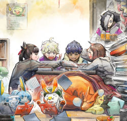 Rule 34 | ahoge, anger vein, bede (pokemon), book, charizard, cookie, dark-skinned male, dark skin, food, fumuna, gen 1 pokemon, gen 4 pokemon, gen 8 pokemon, gloria (pokemon), grookey, gym leader, hair over one eye, homework, hop (pokemon), juice, kotatsu, legendary pokemon, marnie (pokemon), morpeko, morpeko (full), nintendo, nintendo switch, nose bubble, paper, pen, piers (pokemon), pile of books, pokemon, pokemon (creature), pokemon move, pokemon swsh, rotom, rotom phone, scorbunny, sleeping, sobble, starter pokemon trio, substitute (pokemon), table, textbook, tray, zamazenta, zamazenta (crowned)