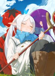 Rule 34 | 1boy, 2girls, absurdres, blue flower, closed eyes, commentary, elf, fern (sousou no frieren), flower, frieren, glaw, highres, holding, holding staff, long hair, mage staff, multiple girls, pointy ears, purple hair, red hair, sousou no frieren, staff, stark (sousou no frieren)