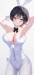1girl absurdres animal_ear_hairband animal_ears arm_strap armpits black_bow black_bowtie black_hair bow bowtie breasts cleavage closed_mouth cross-laced_clothes cross-laced_leotard detached_collar fake_animal_ears grey_eyes hair_ornament hairband hairclip highres leotard norio_(noriosub) original pantyhose playboy_bunny pom_pom_(clothes) rabbit_ear_hairband rabbit_ears short_hair signature strapless strapless_leotard sweat white_background white_leotard white_pantyhose white_wrist_cuffs wrist_cuffs zipper