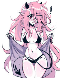! 1girl bikini black_bikini hair_over_one_eye highres horns june_(megrocks) megrocks original pink_hair pointy_ears solo swimsuit tail
