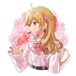 1boy ahoge braid brown_eyes brown_hair crossdressing cup drink earrings ensemble_stars! flower frilled_sleeves frills hair_ribbon half_up_braid holding holding_drink jewelry jirai_kei long_hair long_sleeves looking_ahead mask mouth_mask open_mouth pink_ribbon pink_shirt ribbon rose shirt shisokonbu solo trap white_background