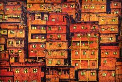 Rule 34 | absurdres, apartment, balcony, building, door, highres, ibsukionsen, no humans, original, painting (medium), road, scenery, shanty, street, traditional media, window, wooden beam
